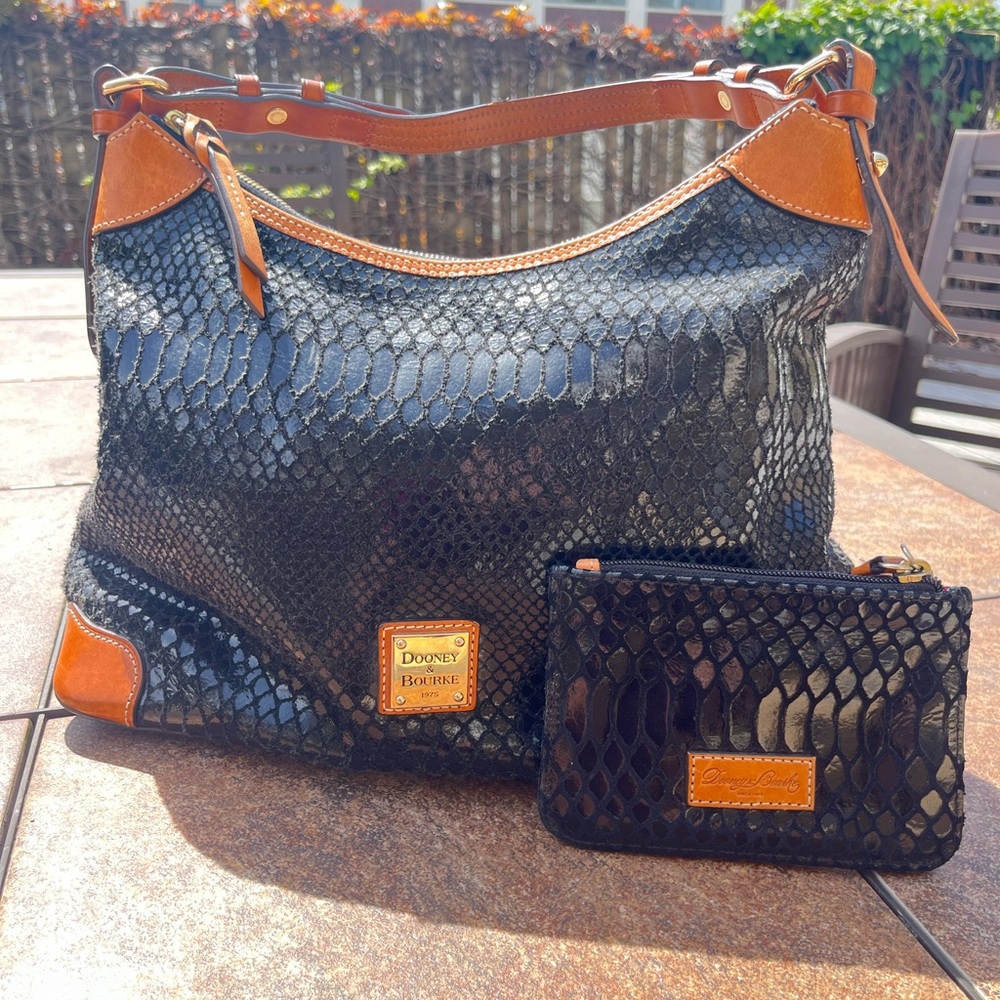 Dooney & Bourke GENUINE LEATHER Black and Tan Erica Snakeskin Women's Bag Set